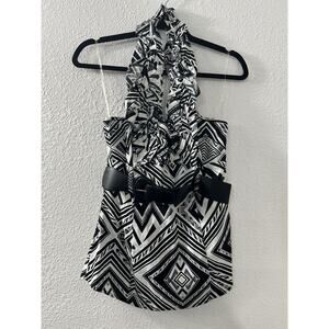 Vintage Y2K Heart Soul Halter Top Size M V-Neck Belted‎ Ruffle Black & White Geo